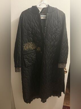 Quilted Black Long Coat with Embroidered Pocket